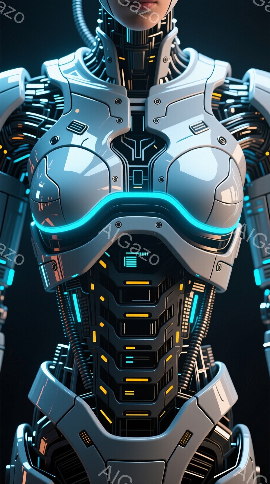 この画像は、未来的なサイバーパンク風の女性の胸から腰までの部分を捉えています。彼女は複雑なメカニカルアーマーを身に着けており、青色の発光ラインが特徴的です。背景は暗く、アーマーの金属的な質感と発光が際立ち、近未来的な雰囲気を醸し出しています。