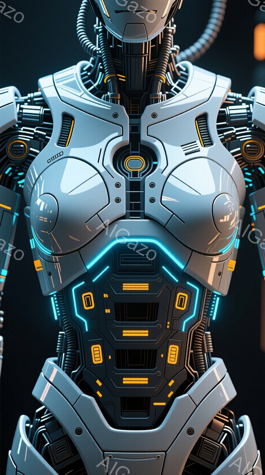 この画像は、未来的なロボットの胸部と肩部の詳細な描写である。青色の発光ラインが施された白い装甲は、複雑なメカニカルな構造を露出し、そのデザインは洗練されており、強い存在感を放つ。暗い背景が、ロボットの - AI生成フリー素材