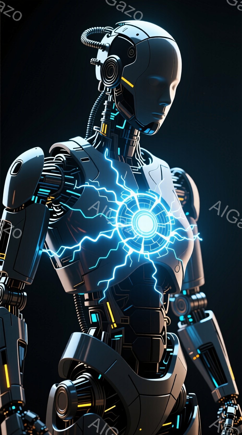 この画像は、複雑なメカニカルな構造を持つ人型ロボットの姿を捉えています。青いエネルギーが胸の中心から放射状に広がり、ロボットの内部構造が透けて見えるような効果を生み出しています。背景は暗く、ロボットの金属的な質感と鮮やかなエネルギーコントラストが際立っています。