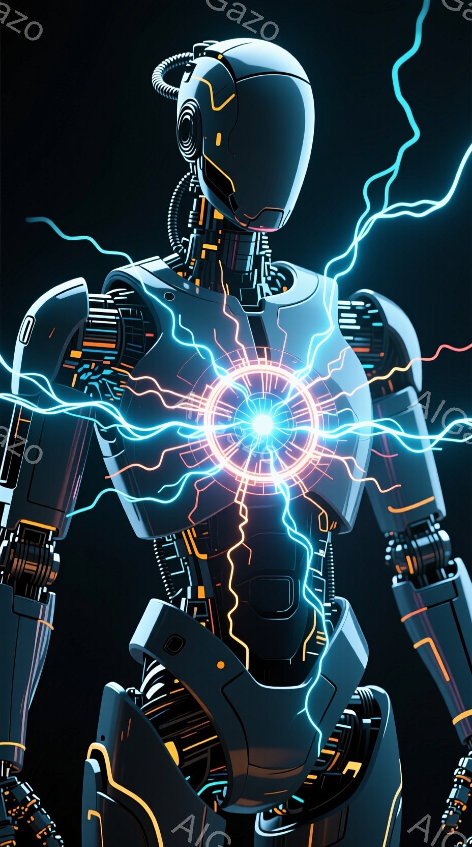 黒い金属製のサイボーグが描かれており、身体にはオレンジ色の発光ラインが走っている。胸の中心には強い光を放つ青いエネルギーコアがあり、そこから青い稲妻のようなエネルギーが全身に広がっている。背景は暗く、サイボーグの未来的なデザインとエネルギーの輝きが際立っている。