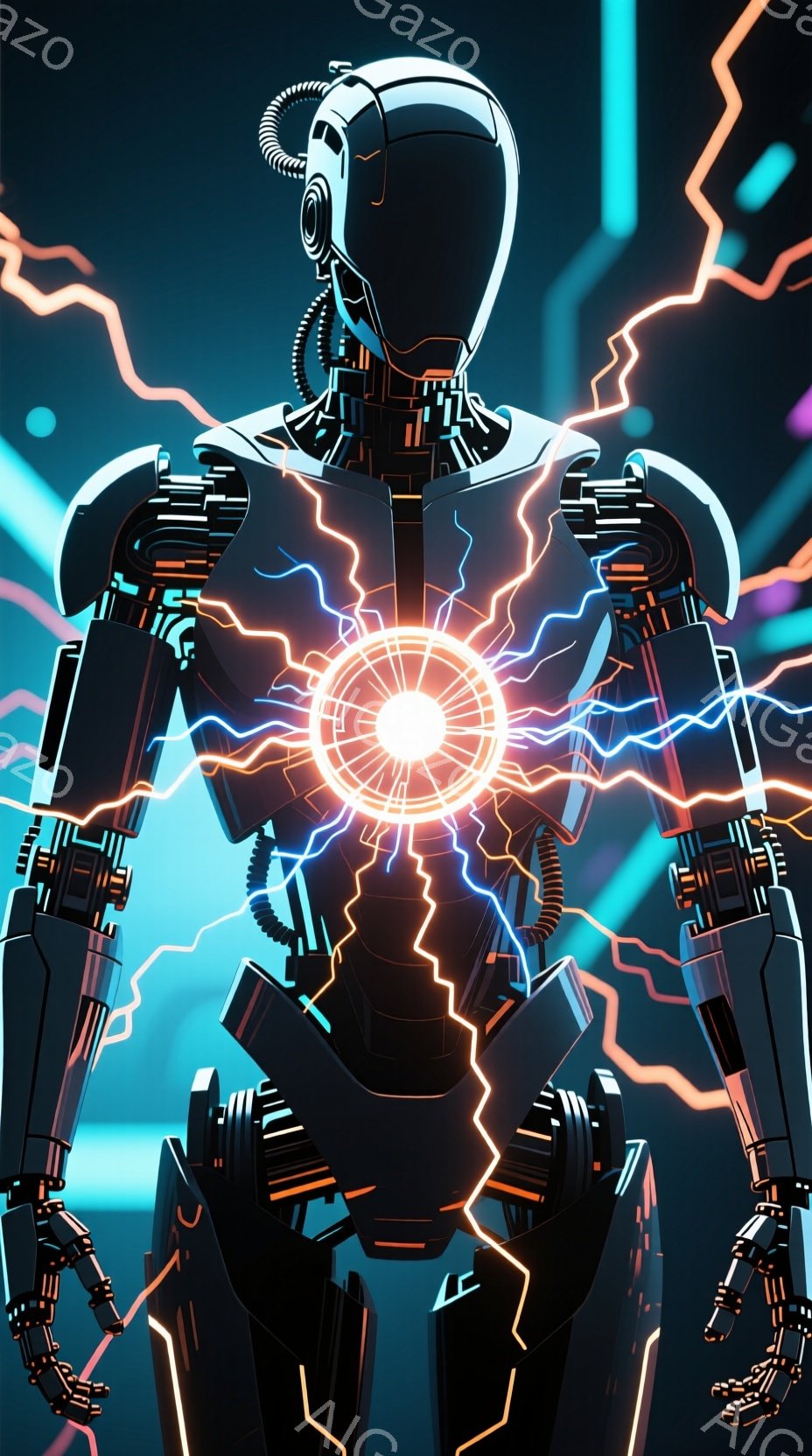 この画像は、発光するエネルギーコアを持つ未来的なロボットの正面からの描写です。ロボットは黒い装甲で覆われ、オレンジ色のラインがアクセントとなっており、両腕はわずかに曲げられた状態で、やや前傾姿勢をとっ - AI生成フリー素材