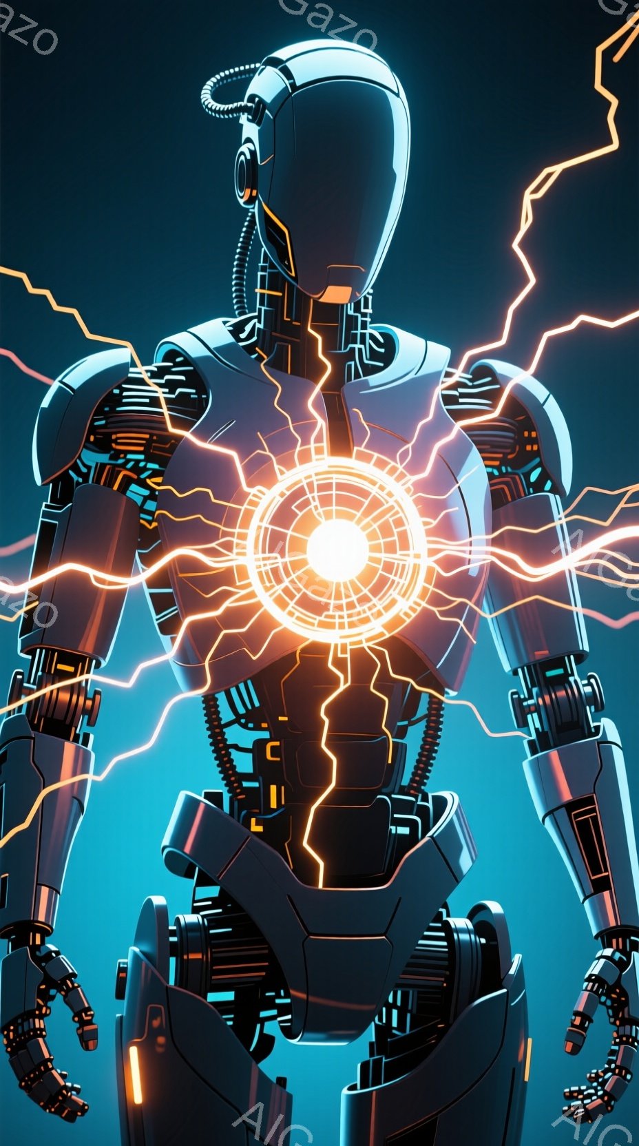 鮮やかなターコイズブルーの背景に、未来的なロボットが描かれています。ロボットは複雑な配線と装甲で構成され、胸の中心には強烈な光を放つ球体が配置されています。全身には稲妻のようなエネルギーが走り、機械的な力強さと神秘的な雰囲気を醸し出しています。