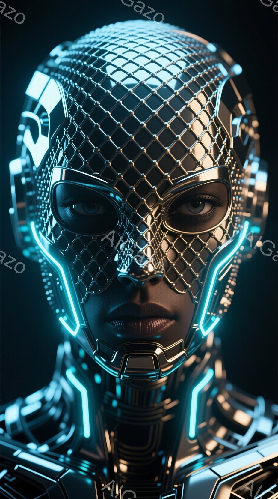 この画像は、未来的なサイバーパンク風の女性のポートレイトです。彼女は顔全体を覆う金属製の網目状のマスクと、ネオンブルーの発光ラインが組み込まれた複雑な装甲を着ています。暗い背景と、洗練された表情が、近未来的な雰囲気を醸し出しています。