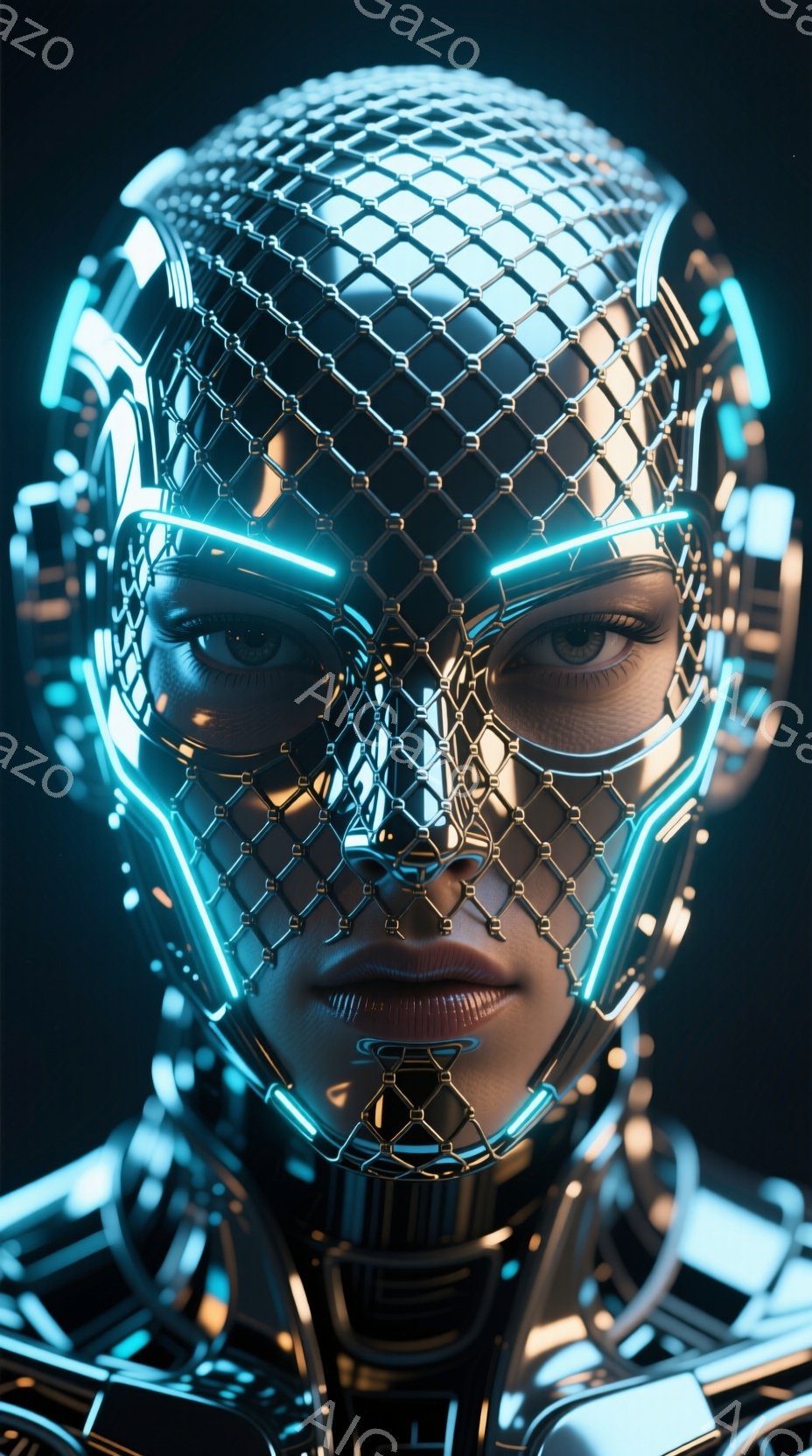 この画像は、複雑な金属製の網目状のマスクを着用した女性の顔のクローズアップです。マスクは鮮やかな青色の光で縁取られ、顔の輪郭を強調しています。背景は暗く、女性の顔とマスクに焦点が当てられ、サイバーパン - AI生成フリー素材