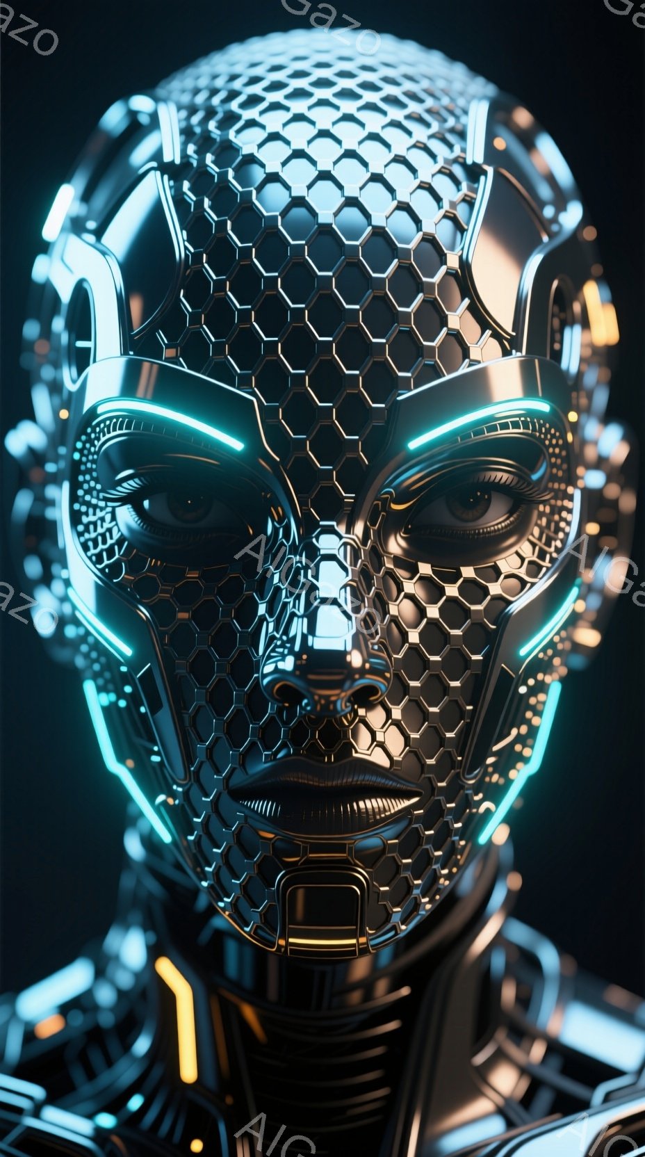この画像は、未来的なサイボーグの頭部をクローズアップしたものです。顔全体は六角形のパネルで覆われ、青い発光線が目に、口元に走っています。暗い背景に、その金属的な造形が際立ち、近未来的な雰囲気を醸し出しています。