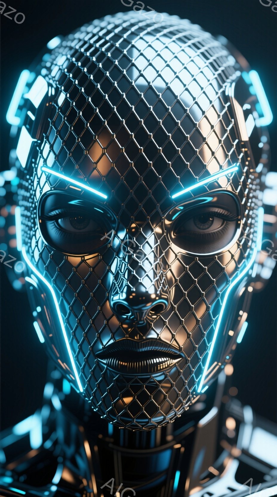 この画像は、網目状の金属製のマスクを着用した人物の顔のクローズアップです。マスクは青い発光線で装飾され、未来的な印象を与えます。暗い背景とのコントラストが強調され、サイバーパンクな雰囲気を作り出してい - AI生成フリー素材
