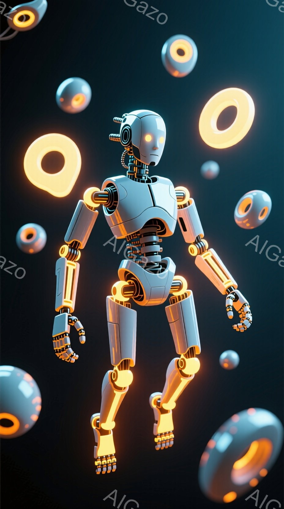 白いロボットが宙に浮いており、関節部分が金色で強調されています。周囲には、金色と銀色の光輪が散らばり、未来的な雰囲気を醸し出しています。ロボットの姿勢は軽快で、何かを探求しているような印象を与えます。