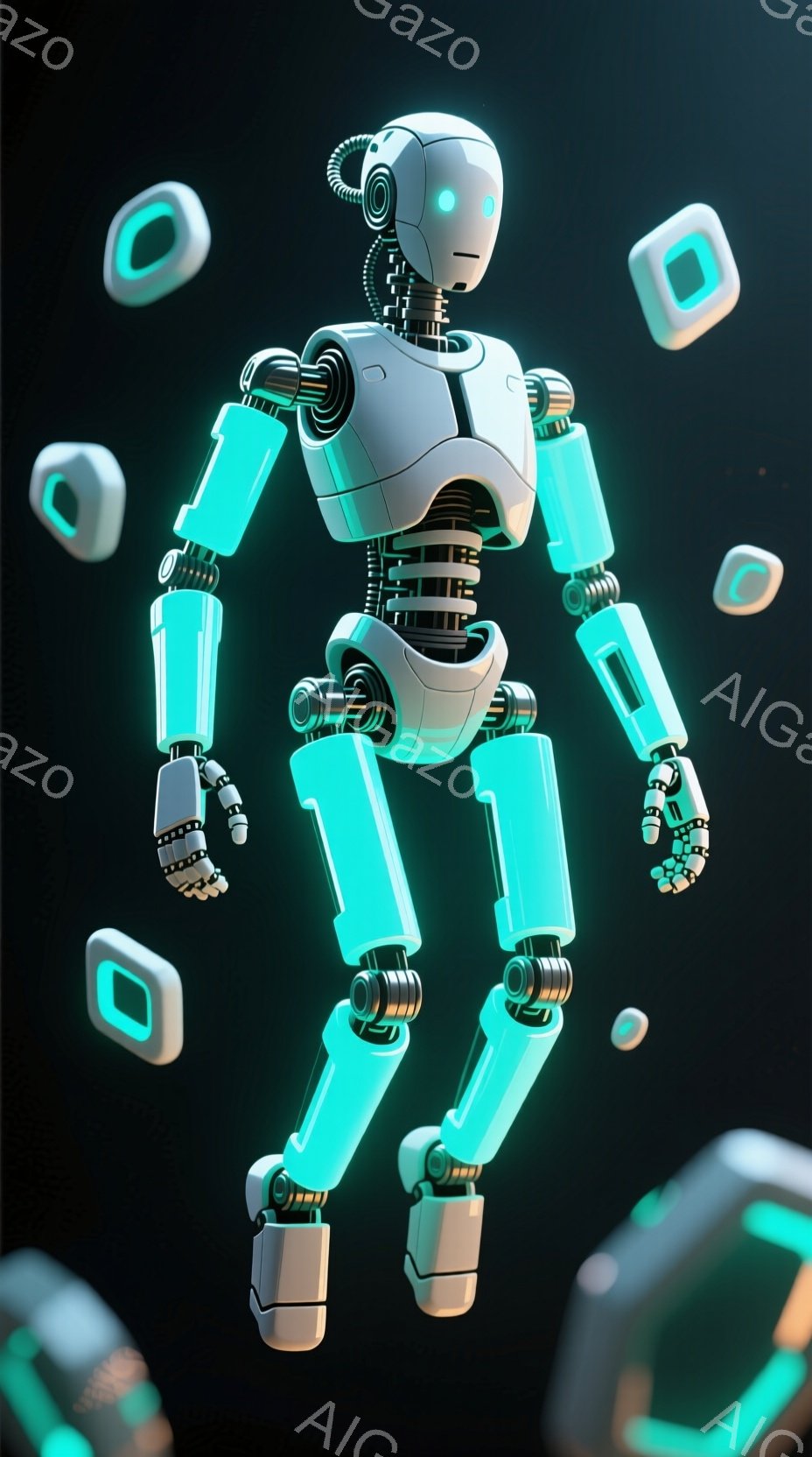 白を基調としたロボットが、わずかに前傾した姿勢で宙に浮いています。関節部分は銀色の円形で強調され、未来的で洗練された印象を与えます。背景には、ぼんやりとした緑色の光を放つ多角形のオブジェクトが散りばめられ、SF的な雰囲気を醸し出しています。