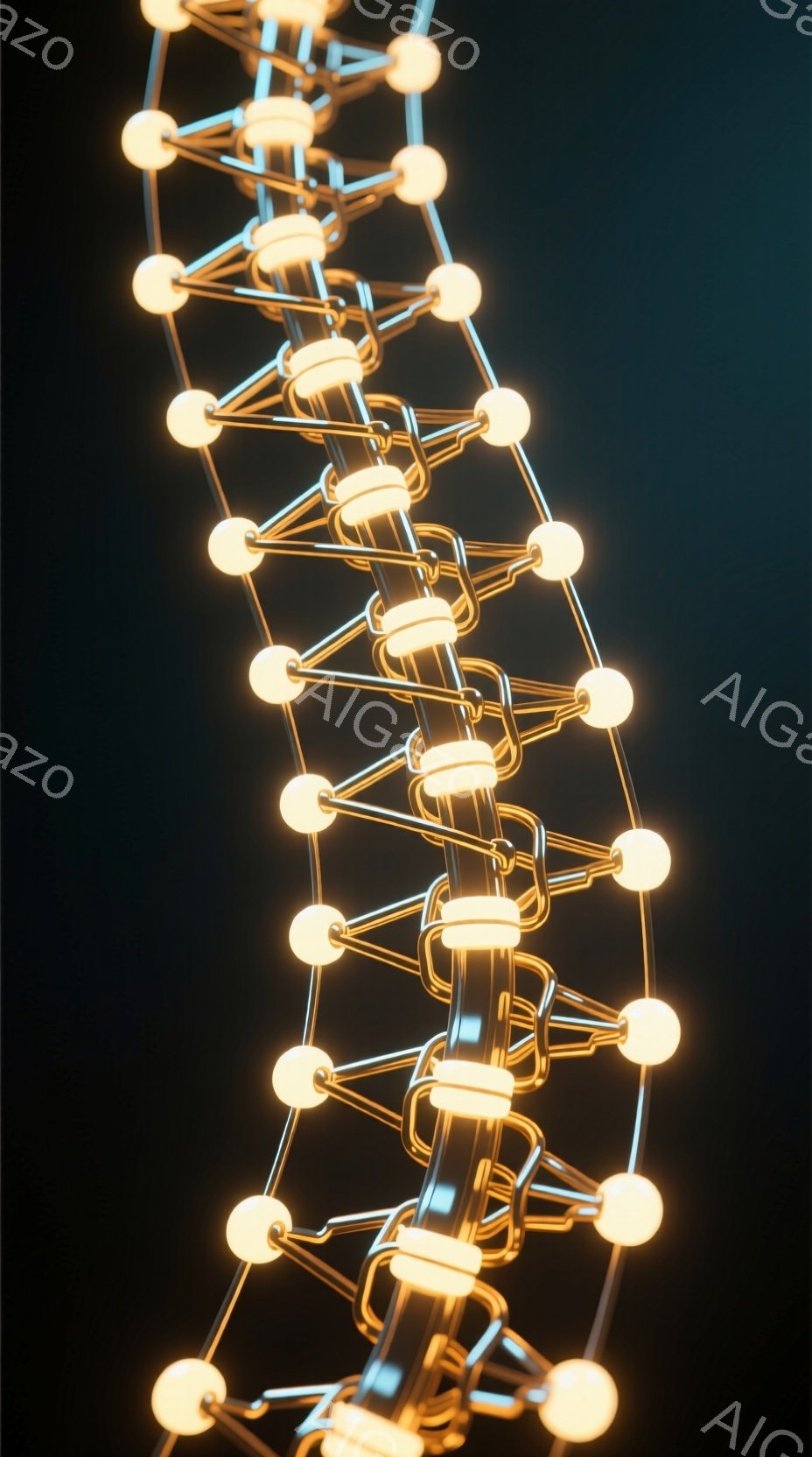画像は、光を放つ球体と金属製のリンクで構成された複雑な構造物が、暗い背景を背景に捉えられています。構造物はらせん状にねじれ、まるでDNAの二重らせんのように見えますが、人工的な輝きと金属的な質感が強調されています。全体的に、未来的なテクノロジーや科学的な概念を想起させる、洗練された抽象的なイメージです。
