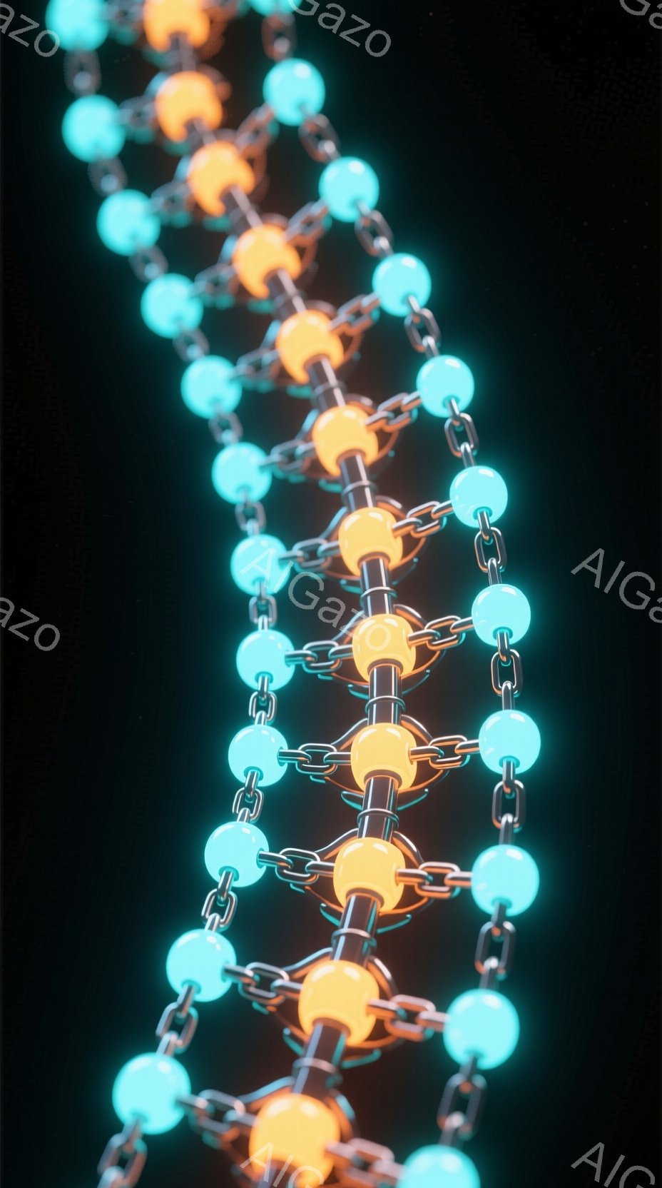 鮮やかなターコイズブルーとオレンジ色の球体が、金属製の棒で繋がってらせん状に並んだ構造体が描かれています。背景は暗い緑色で、全体的に未来的で科学的な印象を与えます。この構造はDNAの二重らせん構造を連想させ、生命の神秘を感じさせます。
