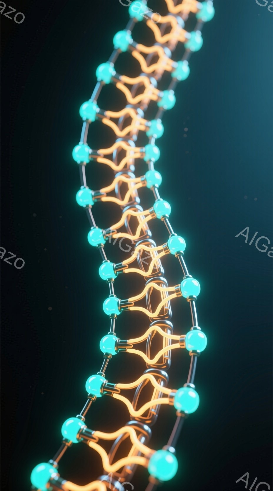 鮮やかなターコイズブルーとオレンジ色のらせん状の構造体が、暗い背景に浮かび上がっています。この構造は、DNAの二重らせん構造を想起させ、生命科学のイメージを喚起します。光沢のある球体と繋がれた棒状の要素が複雑に絡み合い、科学的な精密さと美しさを表現しています。