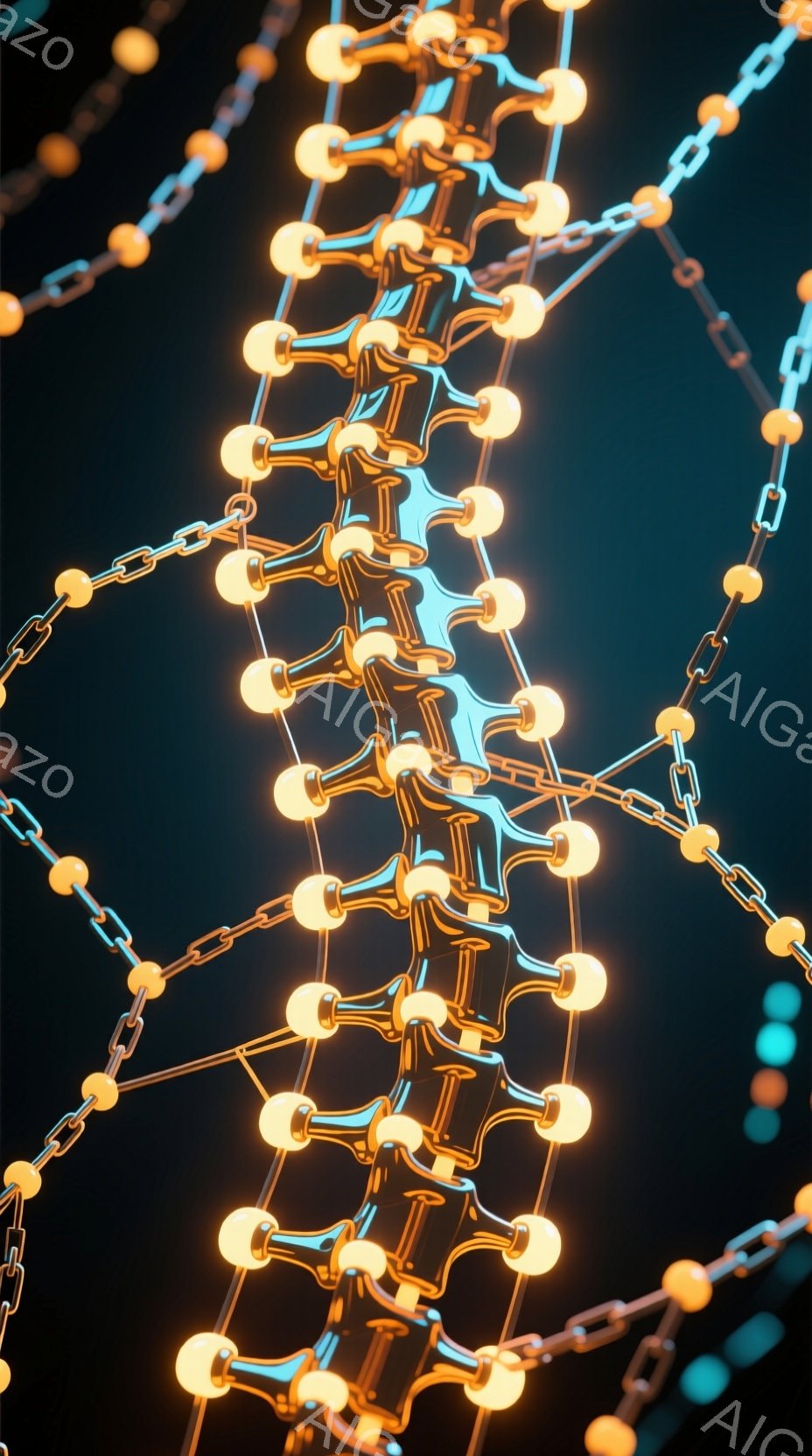 鮮やかなオレンジと青の光るネットワークが、暗い背景に浮かび上がっている。球状のノードが線で繋がれ、複雑な立体的な構造を形成しており、まるで分子構造やデジタル回路を連想させる。全体的に未来的な印象を与え、エネルギーの流れや情報伝達を視覚化したような雰囲気である。