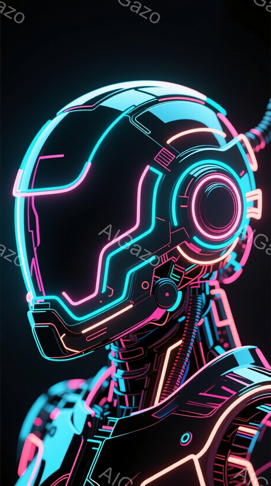 この画像は、ネオンライトで縁取られた未来的なロボットの胸像を描いています。複雑な回路と機械的な構造が強調されており、まるでサイバーパンクの世界から抜け出してきたようです。暗い背景がネオンカラーの輝きを際立たせ、未来的な雰囲気を醸し出しています。