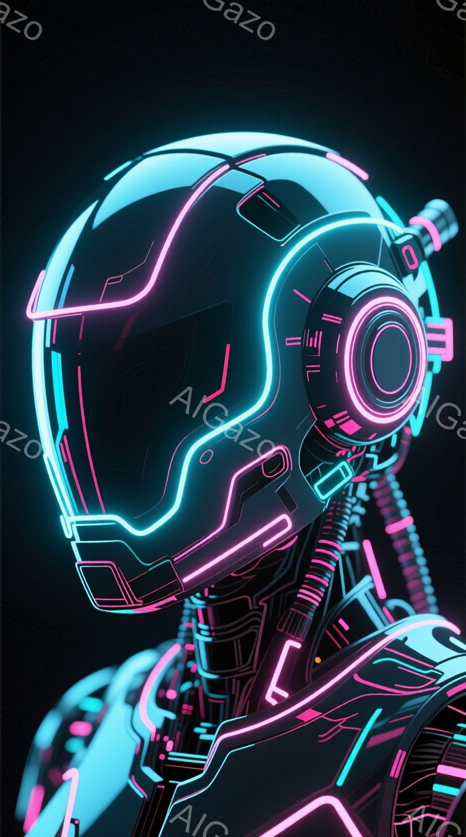 この画像は、ネオンライトで描かれた未来的な人物のシルエットを描いています。頭部を覆うヘルメットは、鮮やかなターコイズブルーとピンク色のラインで構成され、複雑な回路と構造が強調されています。 全体的に、暗い背景に浮かび上がる鮮やかな光が、サイバーパンクとテクノロジーが融合した、独特の未来的な雰囲気を醸し出しています。
