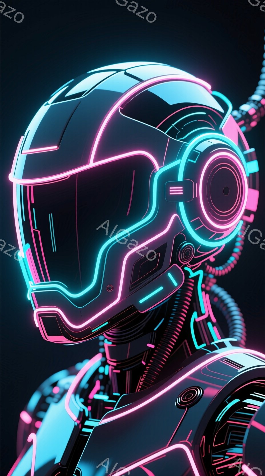 この画像は、ネオンライトで照らされた未来的なロボットのポートレートです。ロボットは複雑な配線と発光するラインで構成されており、ヘッドギアは特に細かく、サイバーパンクなデザインを強調しています。背景は暗 - AI生成フリー素材