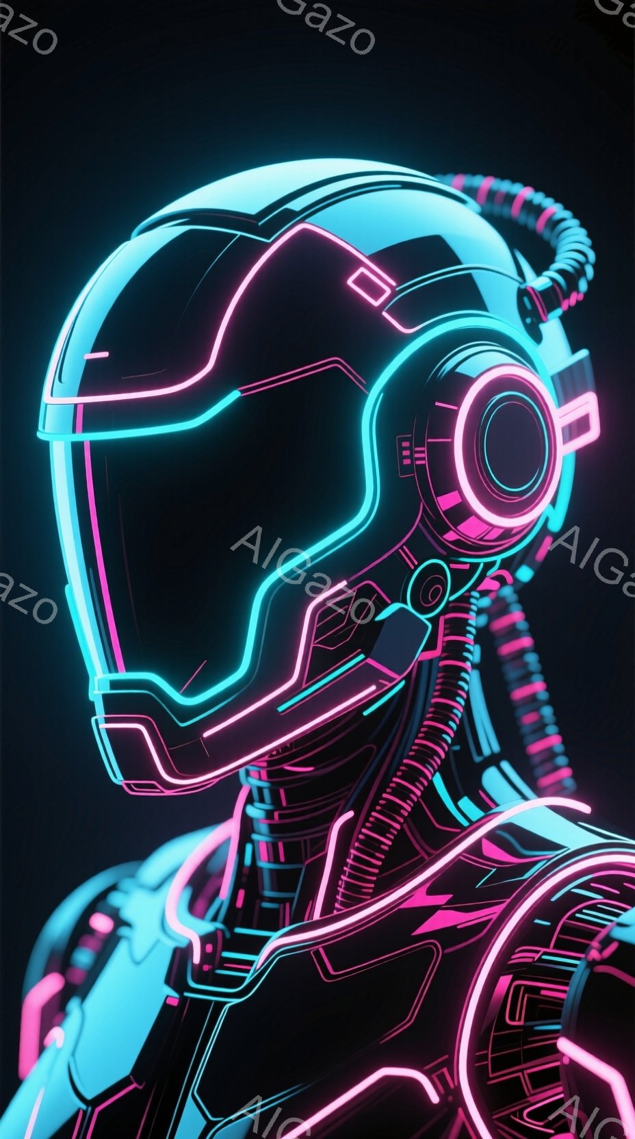 この画像は、ネオンカラーの未来的な宇宙飛行士の姿を捉えています。ヘルメットはターコイズブルーで光り、ピンク色のラインがアクセントとなり、未来感とテクノロジー感を強調しています。暗闇の中、光のラインが身体の輪郭を強調し、サイバーパンクな雰囲気を醸し出しています。