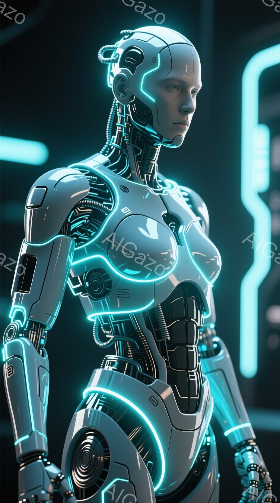 未来的な女性型ロボットが描かれており、滑らかな白い装甲に青い発光ラインが走るのが特徴です。彼女はわずかに前かがみの姿勢で、静かに何かを見つめています。背景は暗く、青い発光する線が未来的な雰囲気を強調しています。