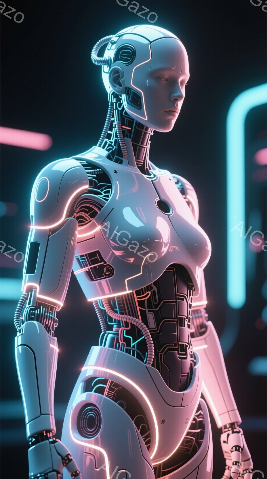 この画像は、未来的なサイボーグ女性の全身像を描いています。彼女は光るネオンラインで装飾された、洗練された白い外骨格のような服を着ており、その複雑な内部構造が露わになっています。背景は暗く、ネオンの光がぼんやりと見え、全体的に近未来的な雰囲気を作り出しています。