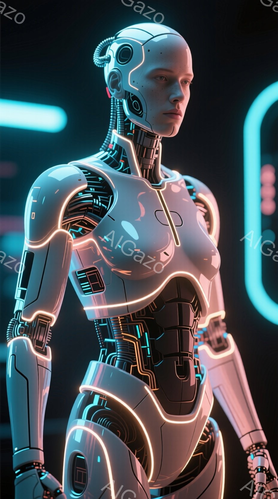 未来的な女性型ロボットが、身体に沿って光るオレンジ色のラインが特徴的な白い装甲服を身に着けて立っている。顔は滑らかで、感情を表す表情はほとんどないが、鋭い眼差しが印象的である。背景は暗く、青い光のラインが抽象的に描かれており、SF映画のような雰囲気を作り出している。