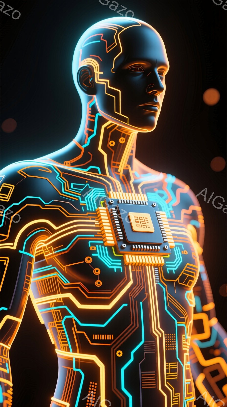 この画像は、未来的なサイバーパンク風の男性のトルソーを描いています。彼の体は、青とオレンジ色の光る回路パターンで覆われ、心臓の位置には複雑なコンピューターチップが配置されています。暗い背景に鮮やかな回路が際立ち、技術と人間の融合というテーマを強調しています。