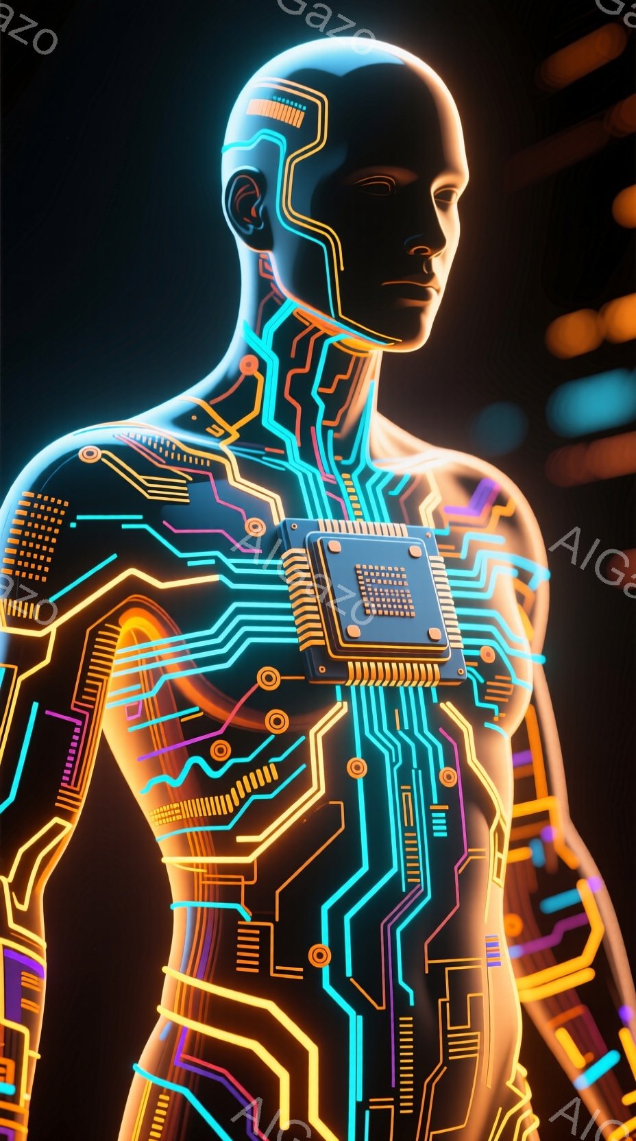 この画像は、回路が身体に組み込まれたように見える未来的な人物のシルエットを描いています。明るいネオンカラーの回路が身体の輪郭に沿って走り、特に肩と胸部に集約されており、まるで生体とテクノロジーが融合し - AI生成フリー素材