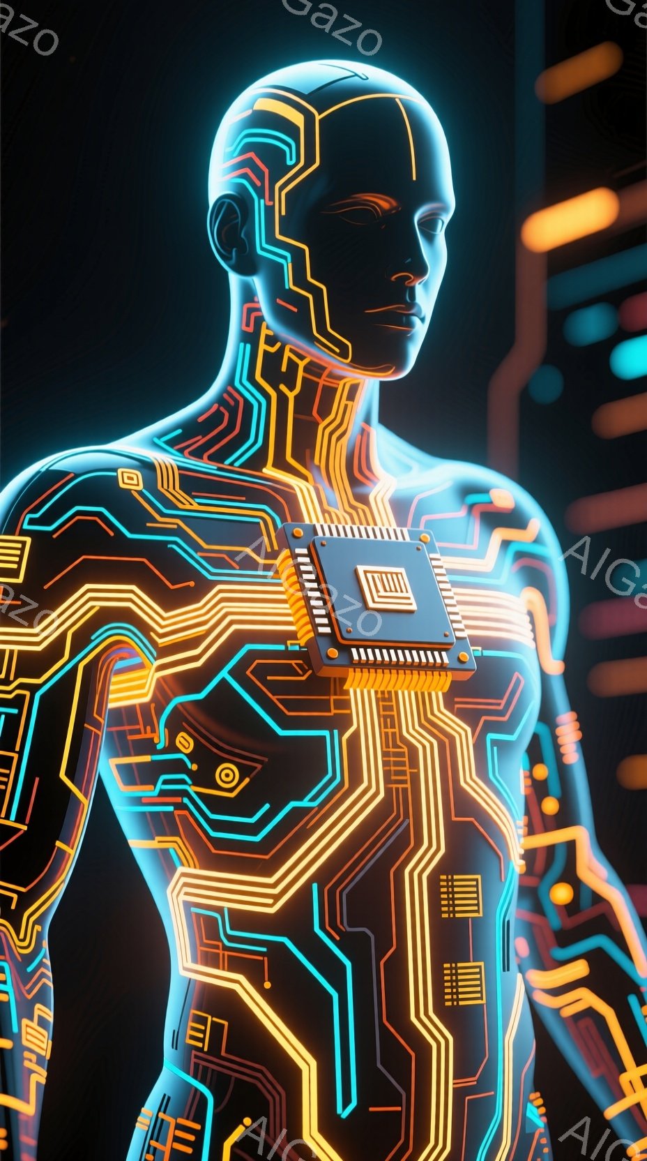 この画像は、未来的なサイバーパンク風の人物像です。人物はアウトラインのみで構成され、体内に複雑な回路とネオンライトのような光る線が走っています。背景は暗く、ぼやけた都市の光がわずかに見え、近未来的な雰 - AI生成フリー素材