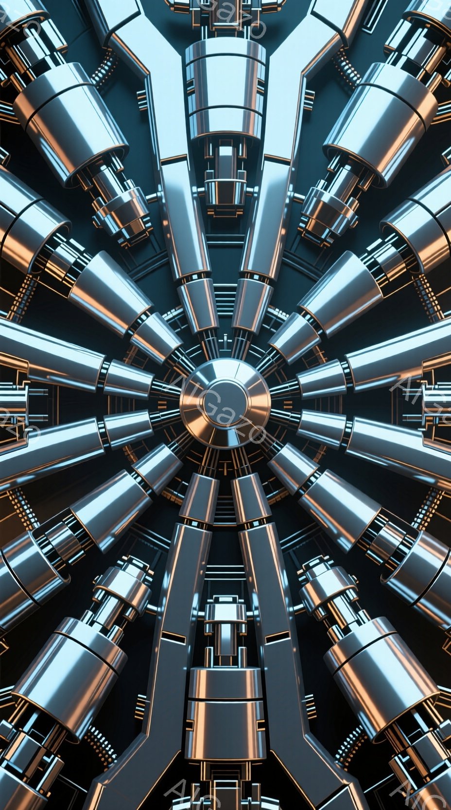 この画像は、中央から放射状に広がる金属製の複雑な構造体を描いています。銀色の筒状の部品が多数配置され、未来的な機械内部やエンジンのような印象を与えます。暗い背景が金属の光沢を引き立て、重厚感と技術的な雰囲気を強調しています。
