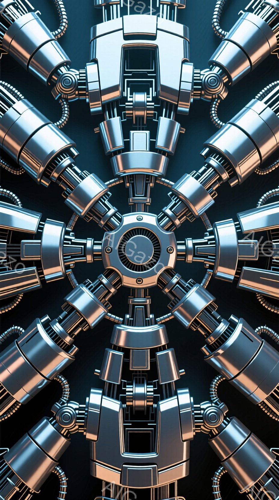 この画像は、中央に円形の構造を持つ、金属製の機械部品の複雑な配置を描いています。各部品は、パイプや接続部が組み合わさり、未来的な工業デザインを特徴としており、全体的に冷たく、無機質な雰囲気を醸し出しています。暗い背景が金属の光沢を際立たせ、精密で技術的な印象を与えます。