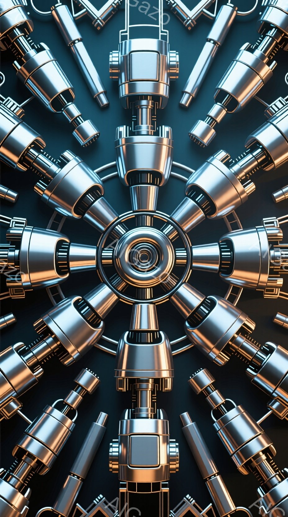 この画像は、放射状に配置された金属製の部品で構成された機械的な構造物を捉えています。各部品は、洗練されたデザインで、航空機のエンジンや工業用機械の一部を連想させます。全体的に、未来的な技術や精密さを強調する、クールで工業的な雰囲気が漂っています。