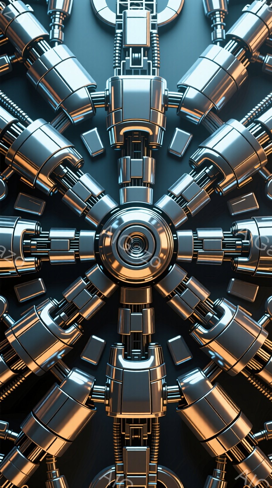 この画像は、複雑な機械装置の中心部分を捉えたもので、金属製のパイプや円筒形の部品が放射状に配置されています。光沢のある金属の質感と、影のコントラストが、未来的な技術や産業的な雰囲気を強調しています。全体的に、精密で洗練されたエンジニアリングの傑作を想起させます。
