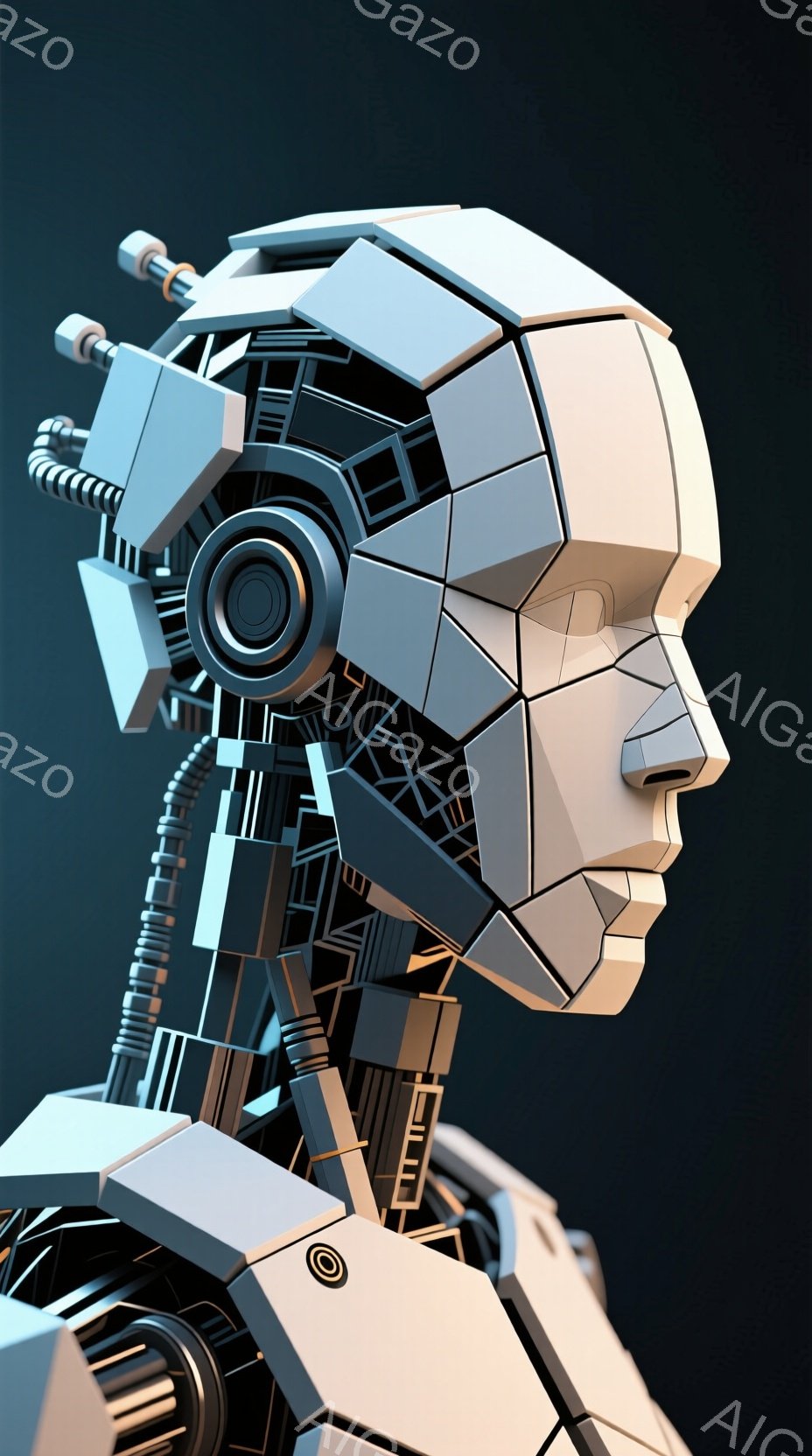 この画像は、未来的なロボットの頭部と肩部のクローズアップです。幾何学的な白いパネルで構成された顔と肩部は、複雑な内部構造を垣間見せ、機械的な美しさを強調しています。背景は暗く、ロボットの輪郭を際立たせ、未来的な雰囲気を作り出しています。