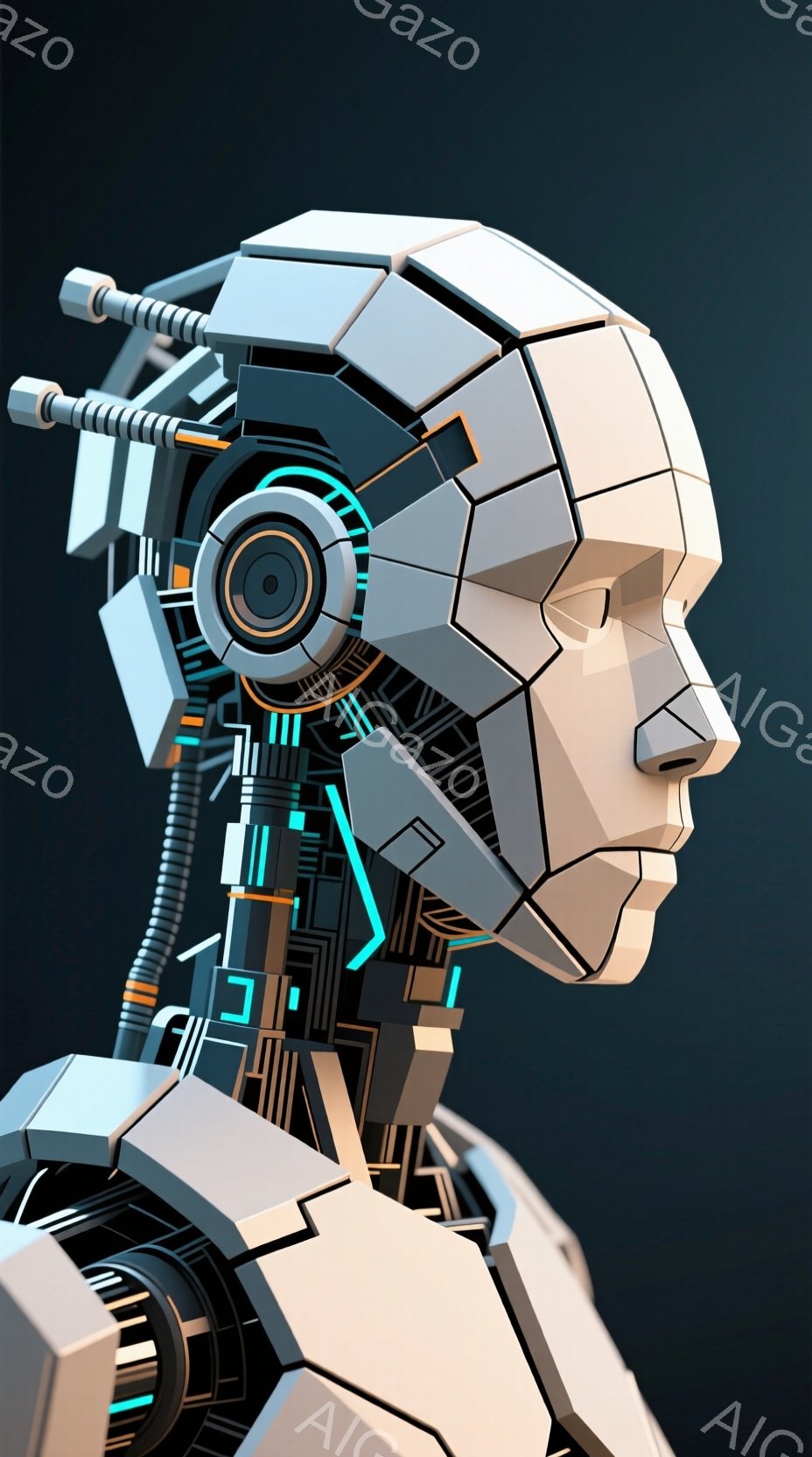 この画像は、未来的なロボットの頭部と肩のクローズアップです。白を基調とした幾何学的なデザインで構成されており、内部には青色の光ファイバーのようなラインが複雑に組み込まれています。頭部には、メカニカルなアンテナのようなものが取り付けられており、全体的に無機質で洗練された印象を与えます。