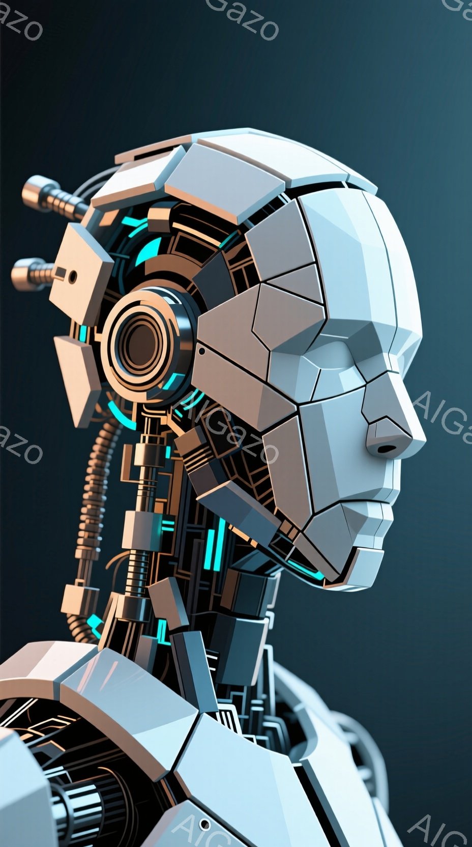 この画像は、未来的なロボットの頭部と肩部分をクローズアップしたものです。白を基調とした幾何学的なデザインで構成され、内部には青色の光ファイバーのような回路が複雑に組み込まれています。背景は暗い青色で、ロボットの金属的な質感が際立っています。