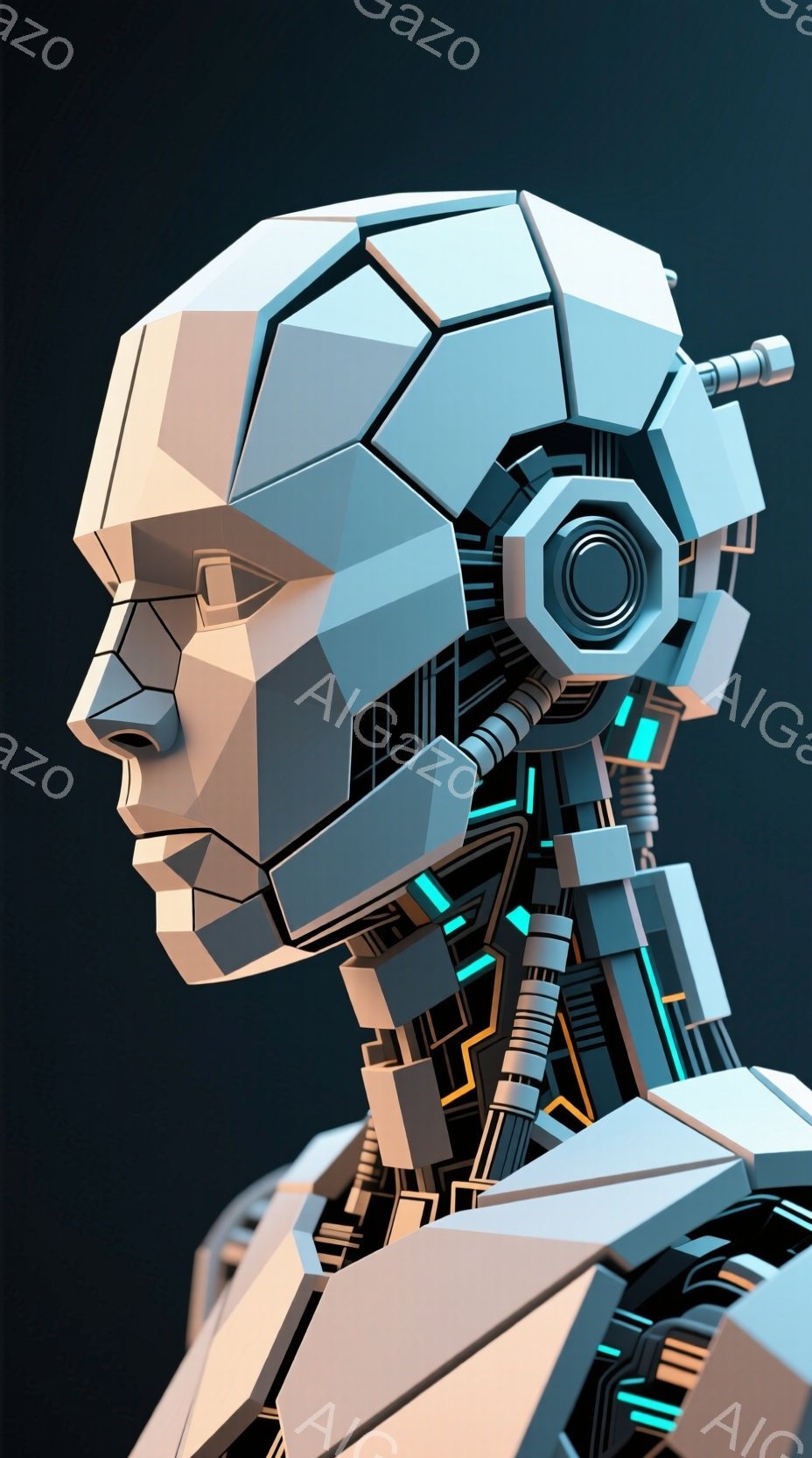 この画像は、未来的なロボットの頭部と肩部のクローズアップです。幾何学的な形状で構成された頭部は、滑らかな白い表面を持ち、青色の発光するラインが内部構造を強調しています。背景は暗いグレーで、ロボットの未 - AI生成フリー素材