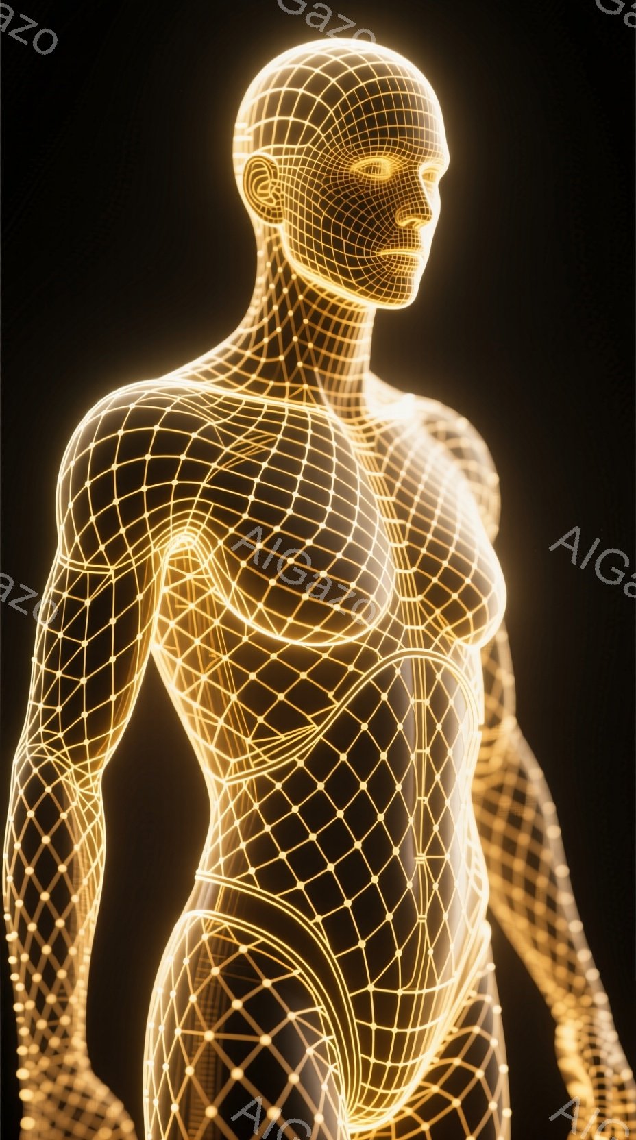 光る金色のワイヤーフレームで構成された、筋肉質な男性の身体が描かれています。彼は正面を少し向き、力強い姿勢で立っており、身体の輪郭がはっきりと浮かび上がっています。背景は暗く、身体の光が際立つことで、未来的な雰囲気を醸し出しています。