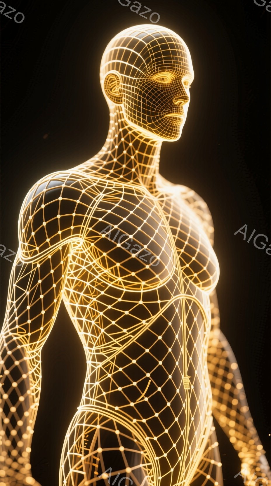 この画像は、金色のワイヤーフレームで構成された男性のトルソーを描いています。彼はわずかに右を向き、力強く堂々とした姿勢を保ち、未来的なテクノロジーと解剖学的構造を融合させた印象を与えます。背景は暗く、ワイヤーフレームの粒子が散りばめられており、まるでデジタル空間に浮かぶ存在のようです。