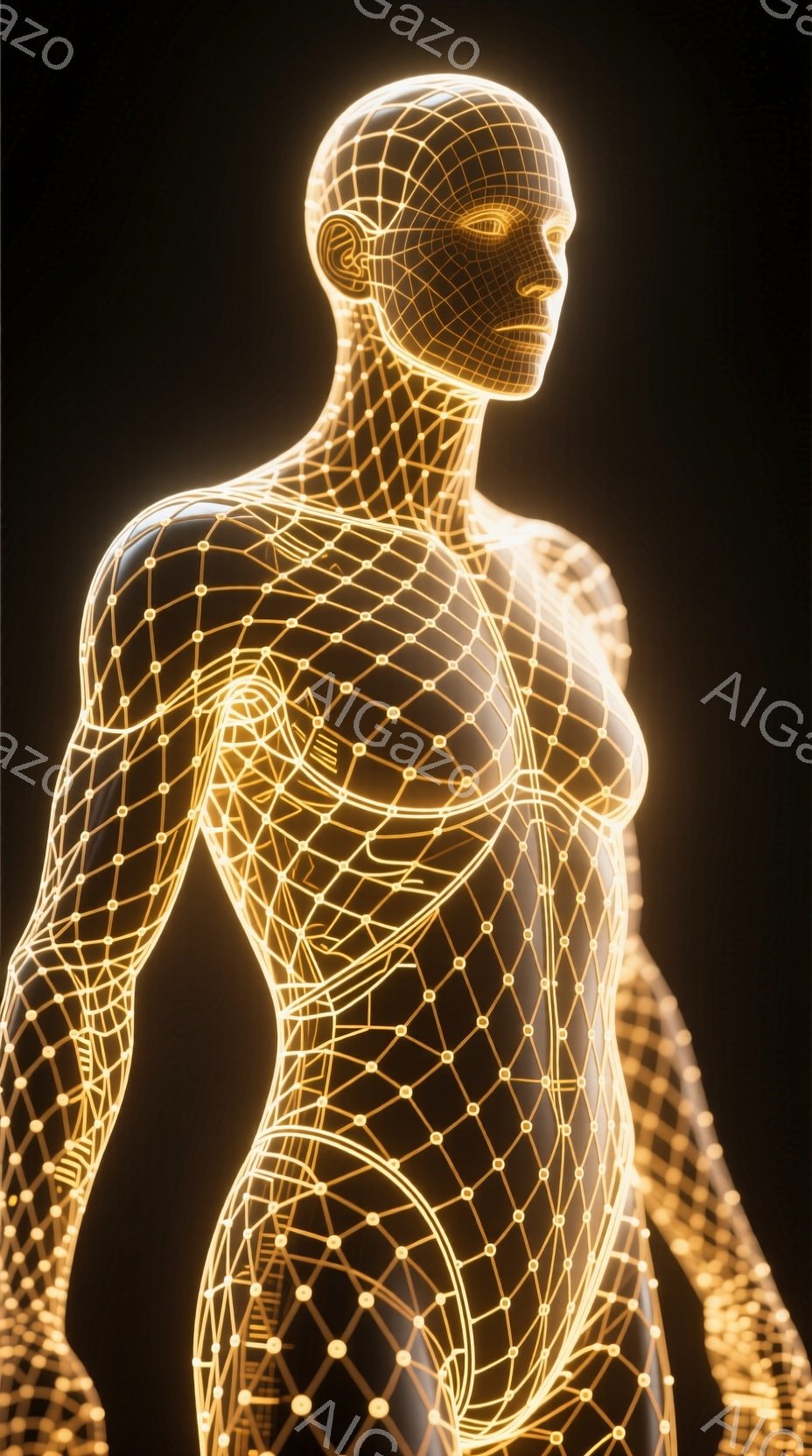 この画像は、金色の線で構成された女性のシルエットを描いています。彼女はわずかに横を向き、未来的な身体構造が線によって表現されています。暗い背景がシルエットを際立たせ、テクノロジーと人体融合という神秘的な雰囲気を醸し出しています。