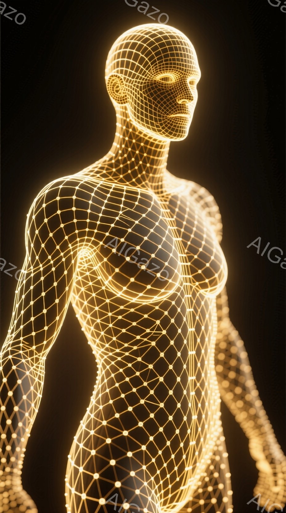 この画像は、光るワイヤーフレームで構成された人間の上半身を描いています。姿勢は正面を少し向き、片方の腕が少し前に伸びています。背景は暗く、人物の光る構造が際立っており、未来的な雰囲気を作り出しています。