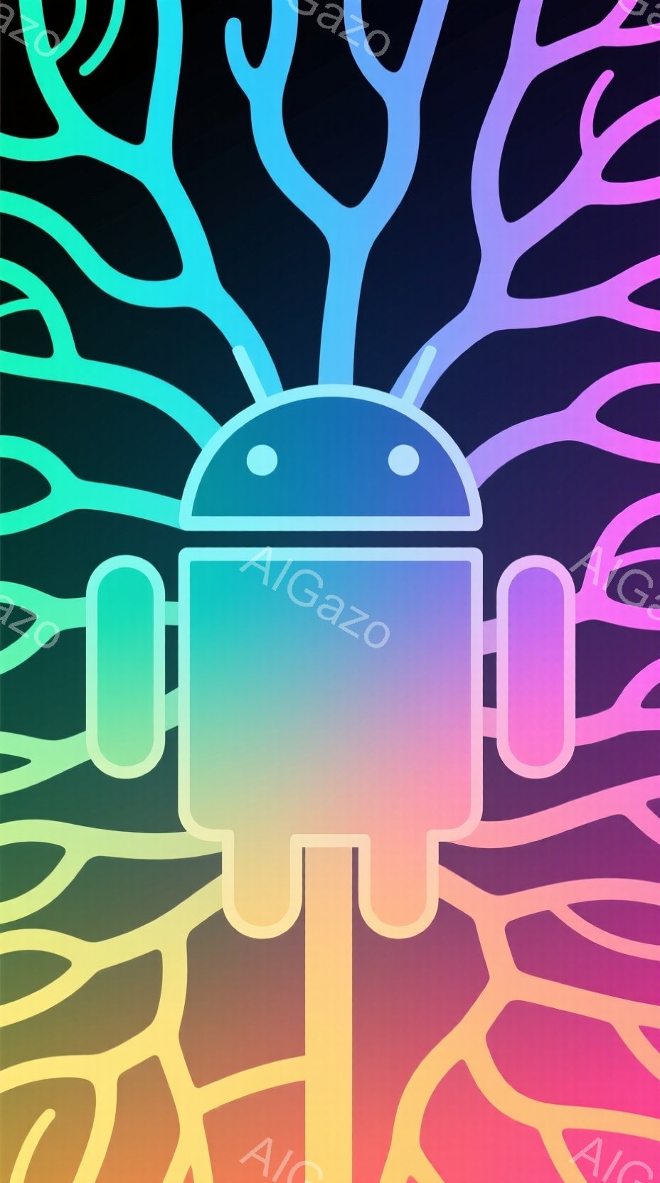 鮮やかなグラデーションが施されたアンドロイドのシルエットが、複雑に絡み合った光るツタのような模様を背景に浮かび上がっています。アンドロイドは単純化されたデザインで、丸い目とアンテナが特徴的で、全体的に - AI生成フリー素材