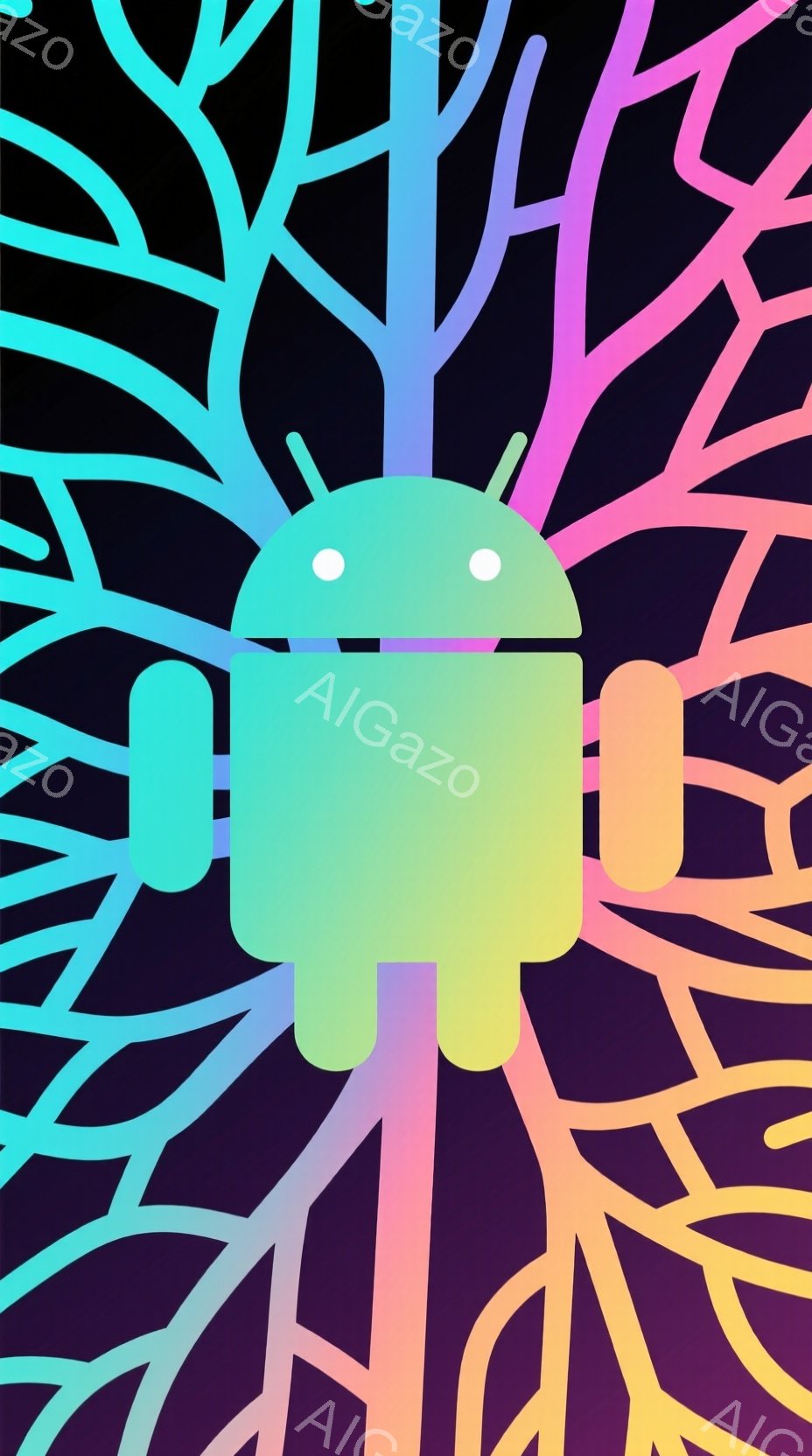 鮮やかな紫色の背景に、緑色のAndroidロボットが描かれています。ロボットの周りには、虹色に輝く複雑な枝のような模様が広がっており、まるでエネルギーが放出されているかのような印象を与えます。全体的に、未来的ながらも有機的な雰囲気が漂っています。