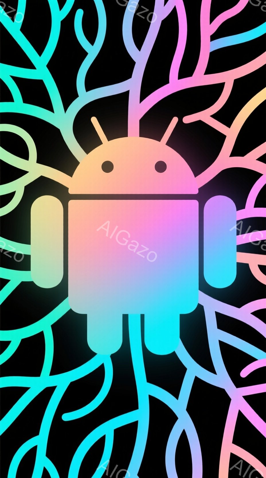 鮮やかなグラデーションがかったアンドロイドロボットが、黒い背景に浮かび上がっています。ロボットの身体は、淡い紫、青、緑の色調で彩られ、その周りには、光沢のある流線形の模様が絡みつくように広がっています。全体的に未来的で、抽象的な雰囲気があり、サイバーパンク調の芸術作品を彷彿とさせます。