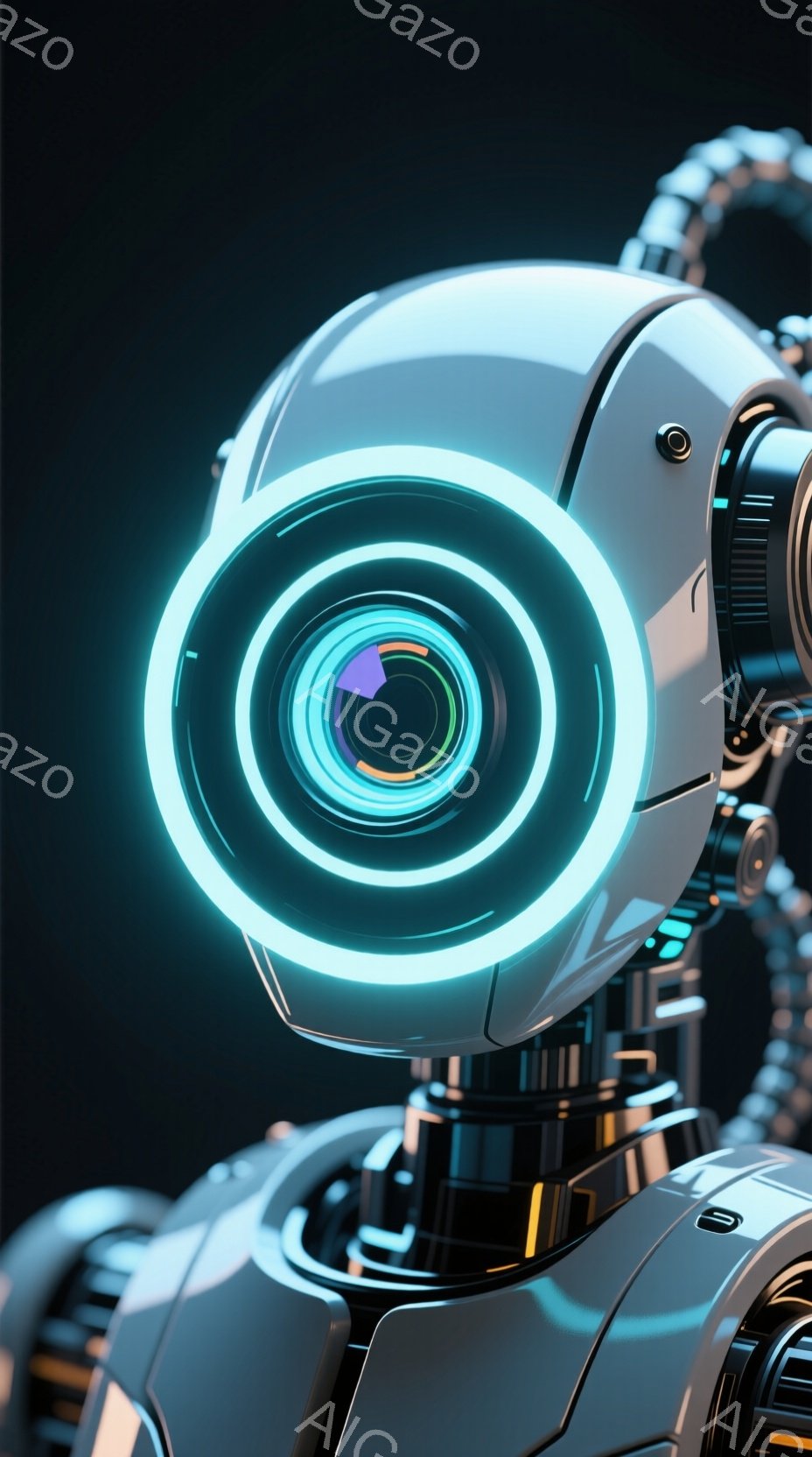 画像は、未来的なロボットの胸から頭部にかけての部分を捉えています。ロボットの顔は、青く光るリング状の光が特徴的な一つの大きなレンズのような目を持ち、その内部には複雑な色彩の虹彩が見えます。背景は暗く、ロボットの機械的な構造と光る目が際立っており、近未来的なサイバーパンクの雰囲気を醸し出しています。