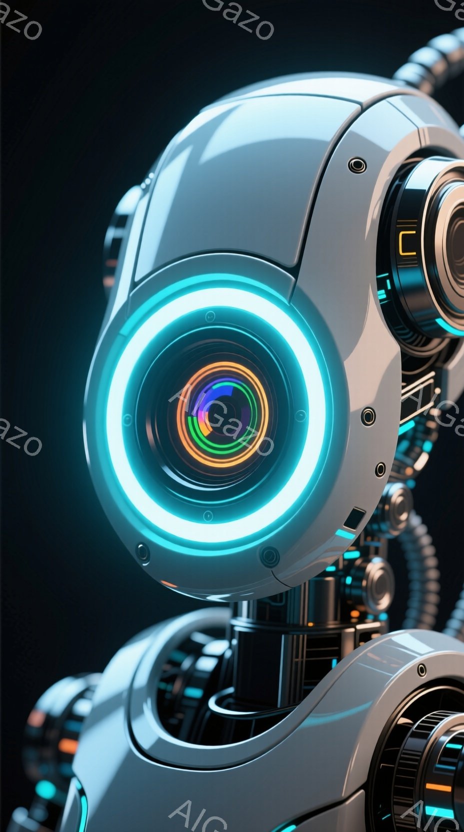 この画像は、未来的なロボットの顔のクローズアップです。青い発光リングが特徴的な瞳を持ち、複雑な機械構造が露出し、洗練された金属製のボディが光沢に満ちています。暗い背景がロボットの存在感を際立たせ、先進 - AI生成フリー素材