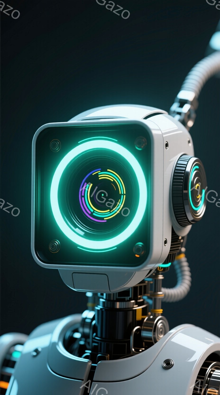 未来的なロボットの胸部がクローズアップで描かれています。白いボディに、虹色に輝く円形のライトが特徴的で、メカニカルな構造が詳細に表現されています。背景は暗い青色で、ロボットの先進的な雰囲気を際立たせて - AI生成フリー素材