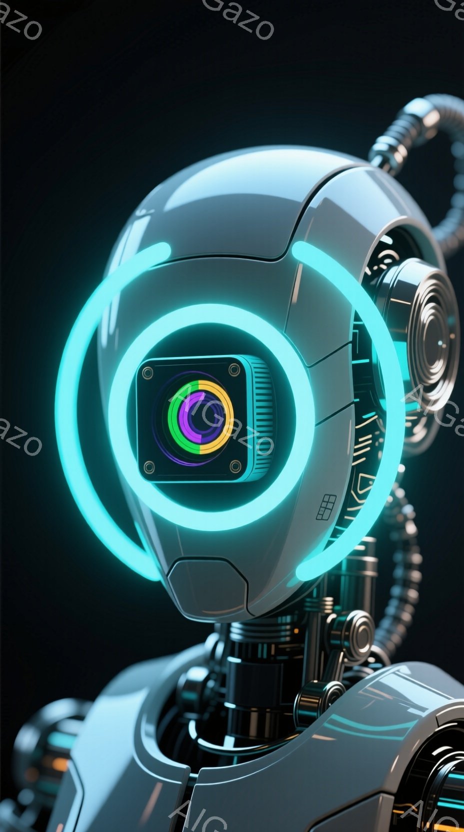 この画像は、未来的なロボットの顔のクローズアップです。ロボットの顔は白を基調とし、中心には虹色の光輪が輝くレンズがあります。周囲には複雑な機械部品が見え、暗い背景が近未来的な雰囲気を醸し出しています。 - AI生成フリー素材