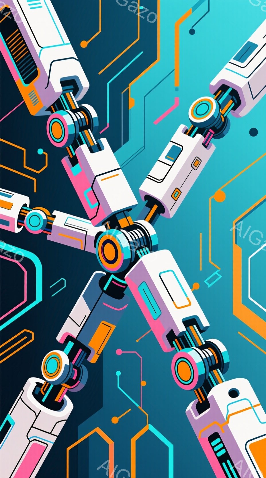 この画像は、未来的なロボットアームのような構造物が、鮮やかな青い背景に幾何学的なパターンと共に描かれています。構造物は白とピンクの色調で、オレンジ色のアクセントが特徴的で、複雑なメカニカルな構造と滑らかな曲線が組み合わされています。 全体的に、テクノロジーと未来的なデザインを強調した、ダイナミックで抽象的なイメージです。