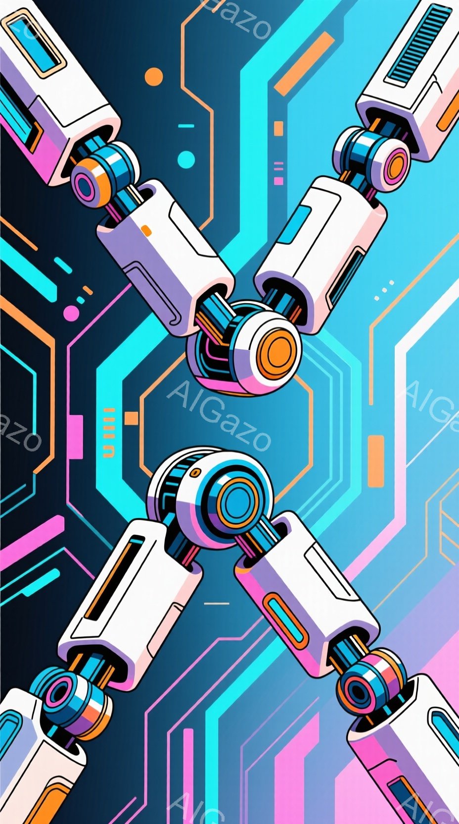 この画像は、未来的なデザインのロボットアームが、ネオンカラーの回路のような背景の中で交差している様子を描いています。アームは白を基調とし、オレンジや青のアクセントが施され、金属的な質感が強調されていま - AI生成フリー素材