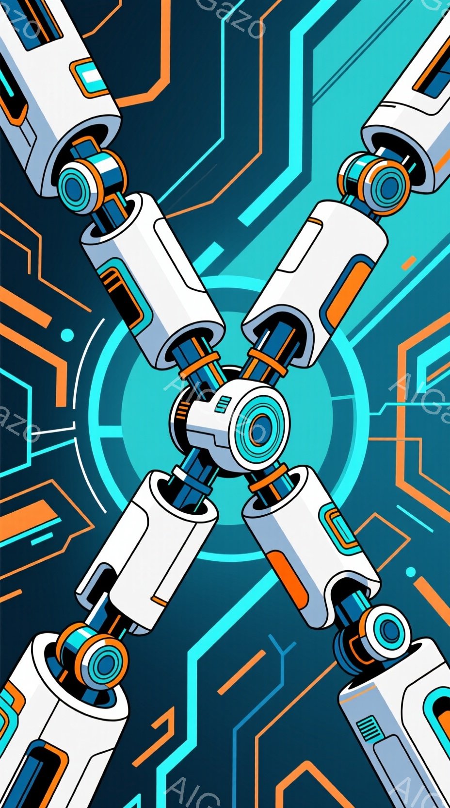 この画像は、白とオレンジ色の未来的なロボットアームが交差する抽象的な構成です。背景は鮮やかな青色で、光る線と幾何学的なパターンが描かれ、サイバー空間やデジタル世界を連想させます。全体として、テクノロジ - AI生成フリー素材