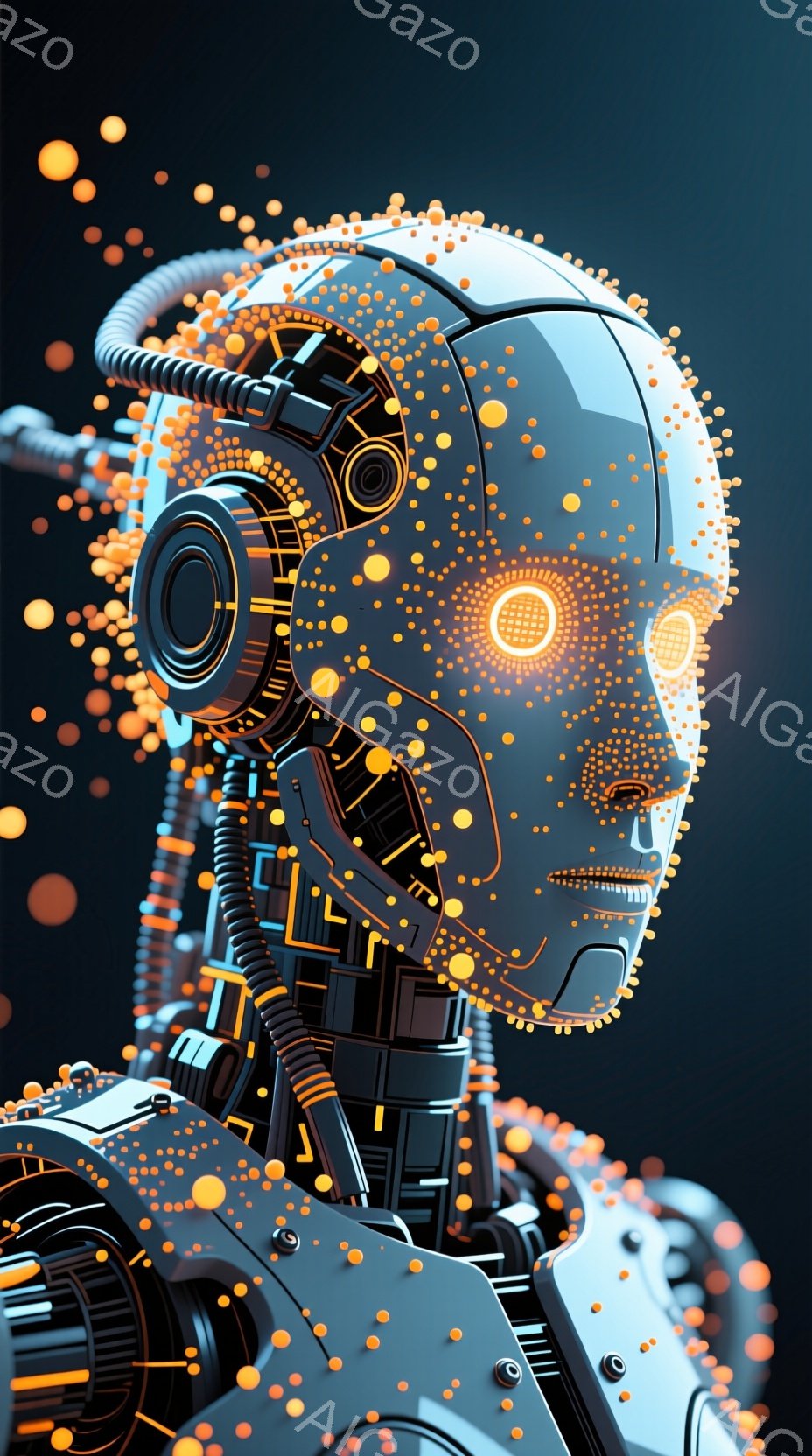 この画像は、複雑なメカニカルな構造を持つロボットの顔のクローズアップです。ロボットの顔は、オレンジ色の光を放つ多数の小さな球体で覆われ、まるでデジタルな星雲の中にいるかのような印象を与えます。暗い背景 - AI生成フリー素材