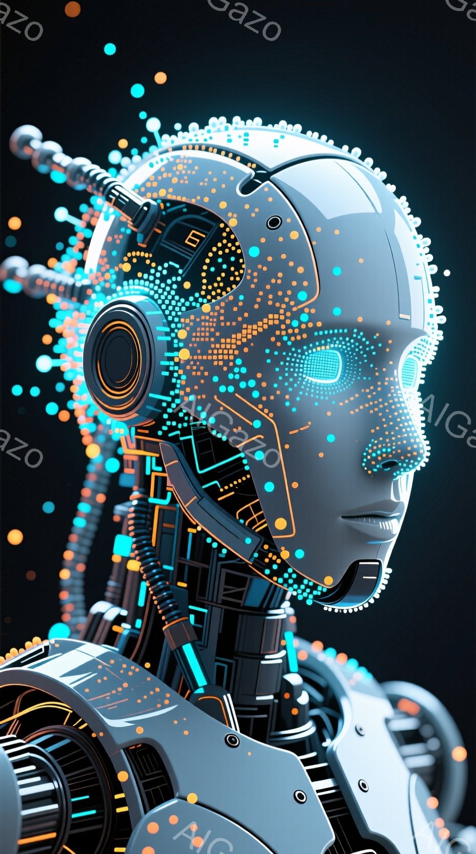 この画像は、複雑なメカニズムとデジタル粒子で構成された女性の顔を表現したもので、未来的なロボットまたはアンドロイドの姿を示しています。顔の一部は透明で内部構造が露出し、オレンジ色の光る回路や青い粒子が散りばめられています。背景は暗く、デジタルな雰囲気を強調しており、全体的にサイバーパンクな世界観を想起させます。